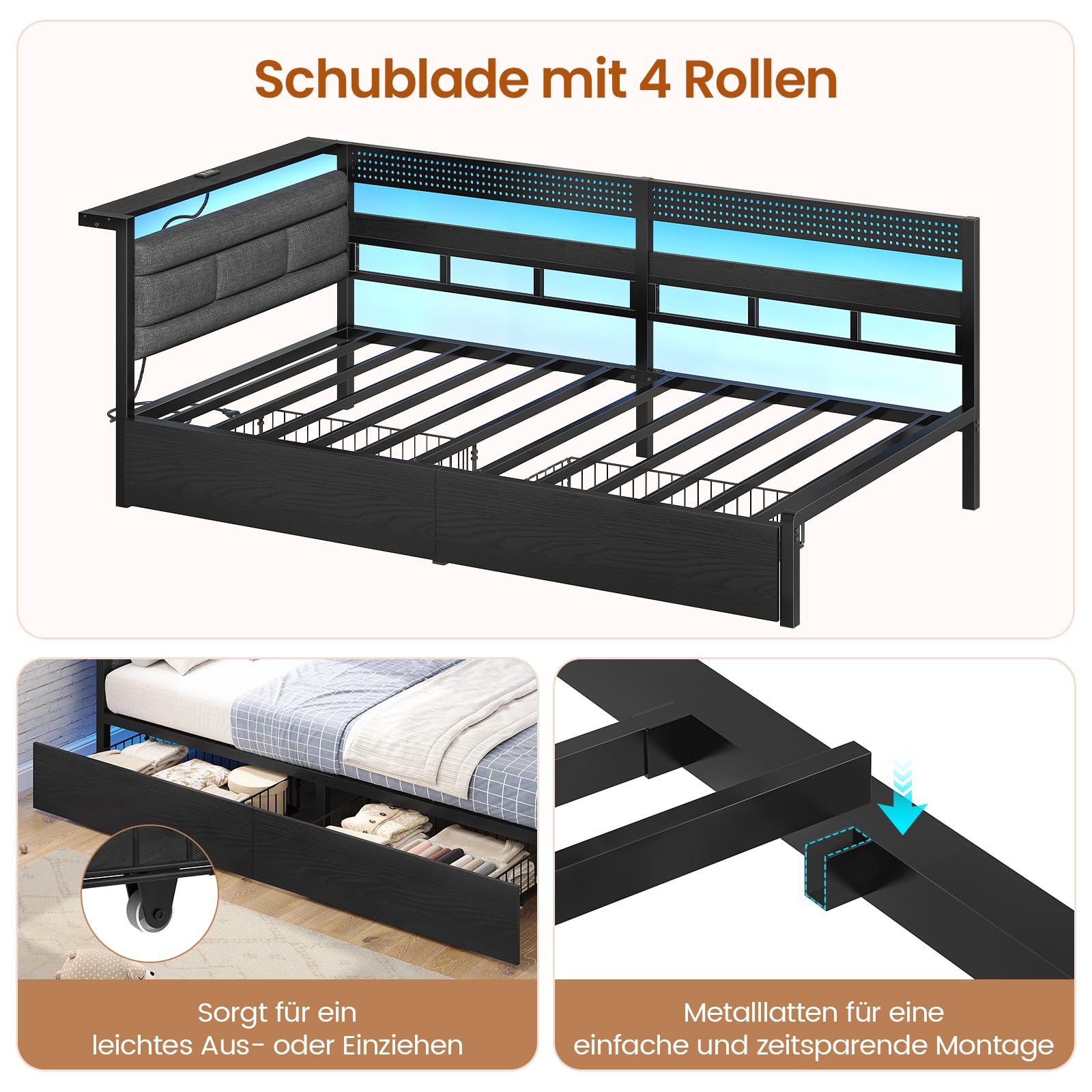 KIMENICH Polsterbett Schlafsofa 90x200 mit LED-Beleuchtung, Ladestation, Tagesbett, Jugendbett mit 2 Schubladen und Lattenrost aus Metall, Gepolstertes Kopfteil mit Offener Ablage, Schwarz