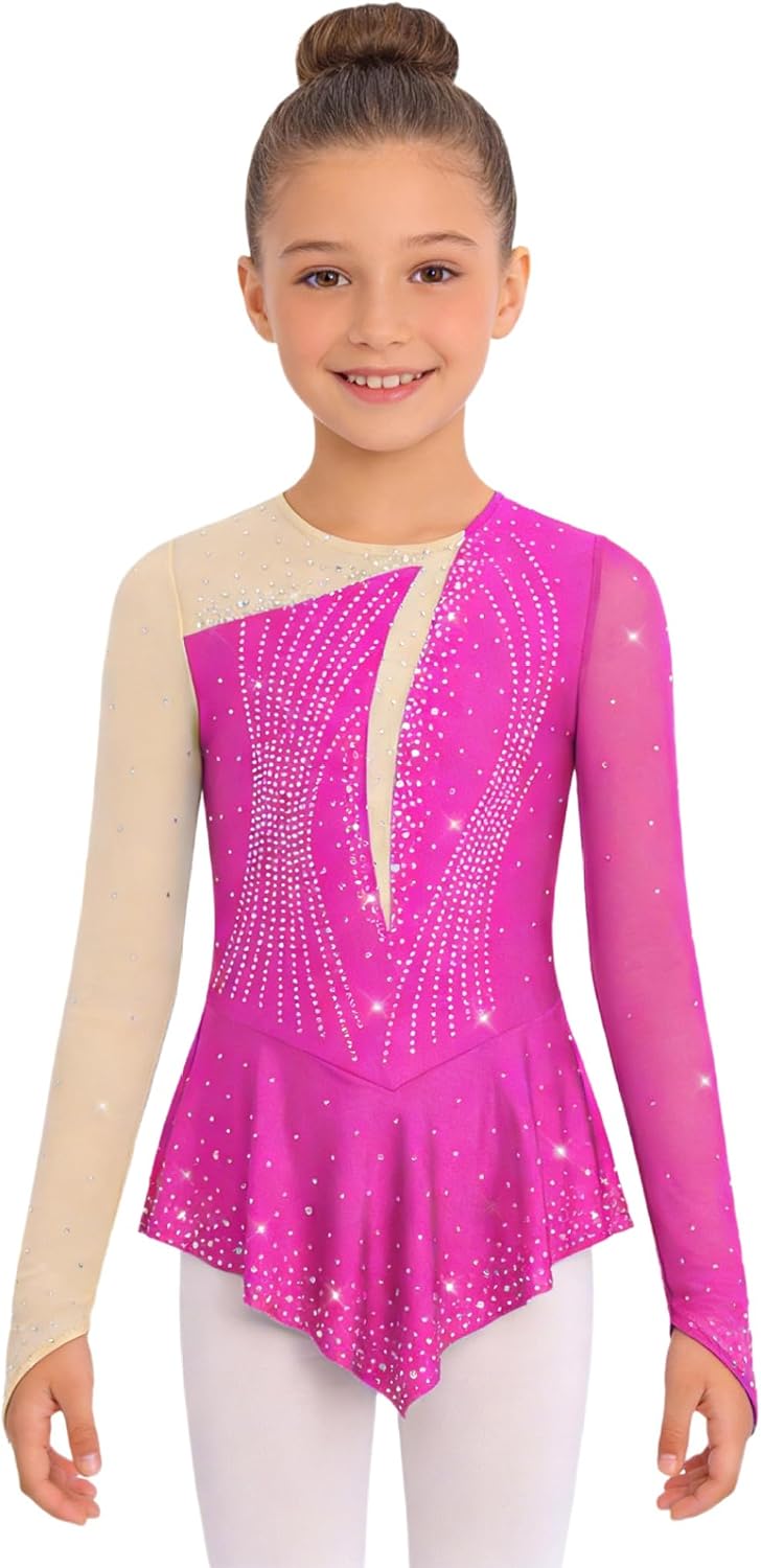 Kids Girls Figure Skating Dress Long Sleeve Shiny Rhinestones Asymmetrical Skirted Leotard Dance Dress