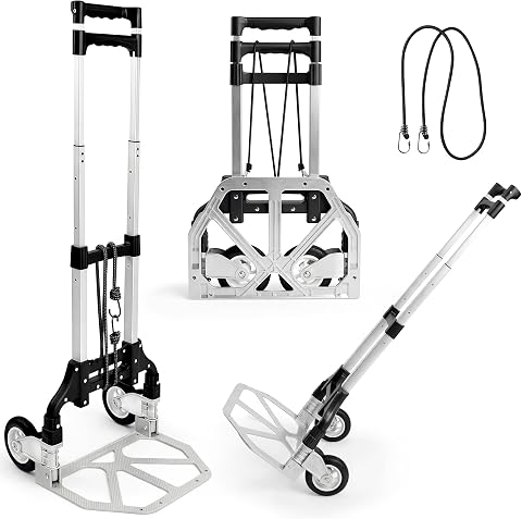 JUPPLIES Carretilla Plegable de Mano Portátil de Aluminio + Cuerda - MAX 75 Kg – 100x40cm Carro de Carga con Ruedas – Carrito de Transporte Compacto para Hogar, Oficina y Viajes.