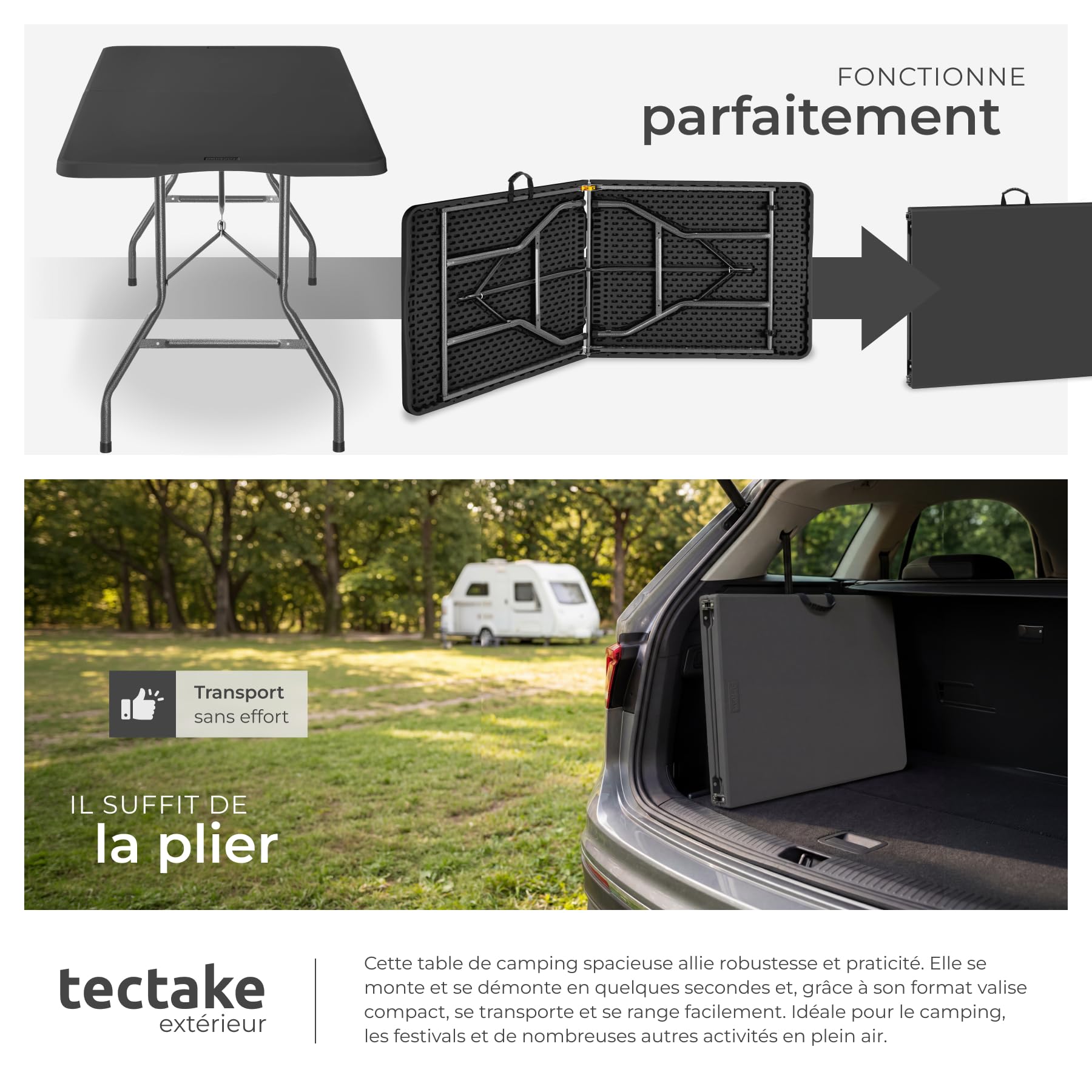 tectake® Table de Camping Pliable 180 x 70 x 74 cm, Plastique Robuste, Résistante aux intempéries, Charge Max. 120kg, Poignée de Transport caoutchoutée, Table de Pique-Nique, Jardin, Camping - Gris
