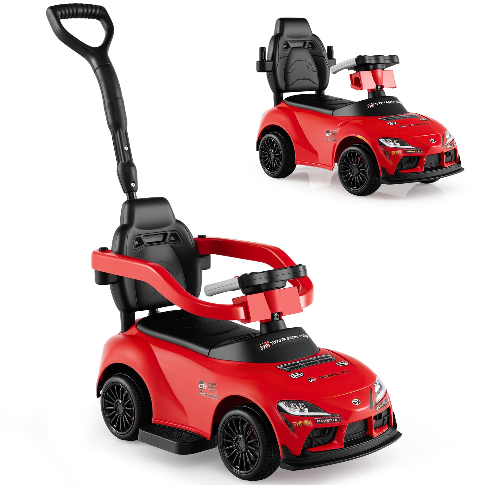 Licensed Toyota Ride on Push Car for Toddlers by INFANS, 3 in 1 Walking Sliding Car with Removable Guardrails and Handle, Music, Under Seat Storage (Red)