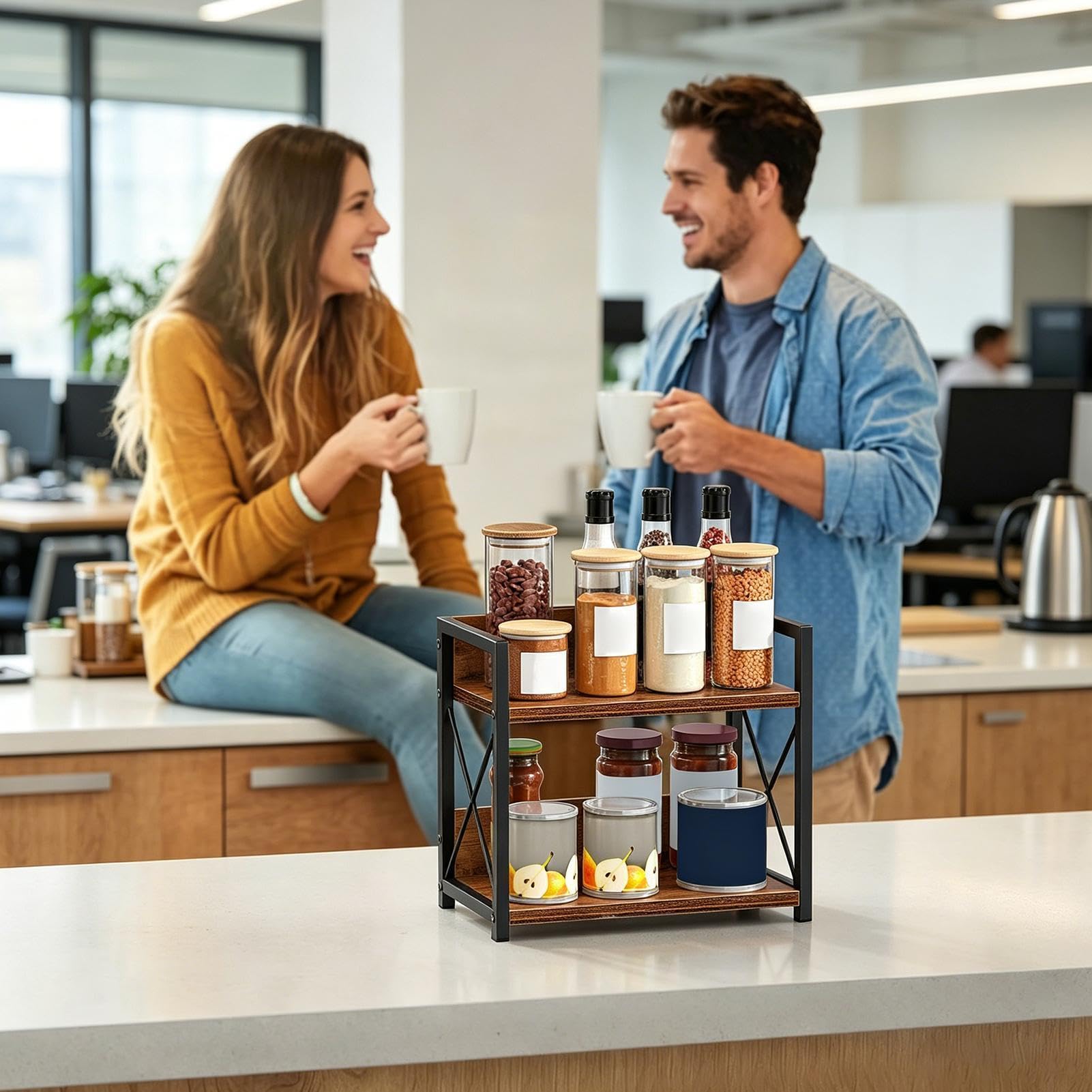 Organizador de condimentos, almacenamiento de cocina de madera de hierro de 2 niveles, organizador de condimentos de cocina, estación de condimentos, para organización de esquina de despensa, hogar
