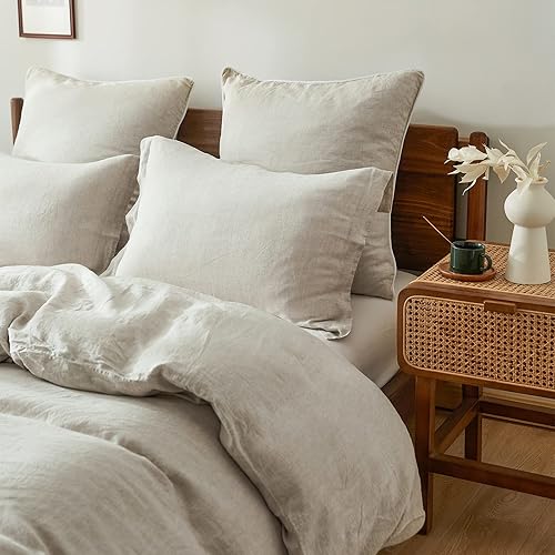 Miniatura 7 de Simple&Opulence Juego de funda de edredón 100% lino francés lavado, 3 piezas, color sólido, estilo básico, funda de edredón suave y transpirable con