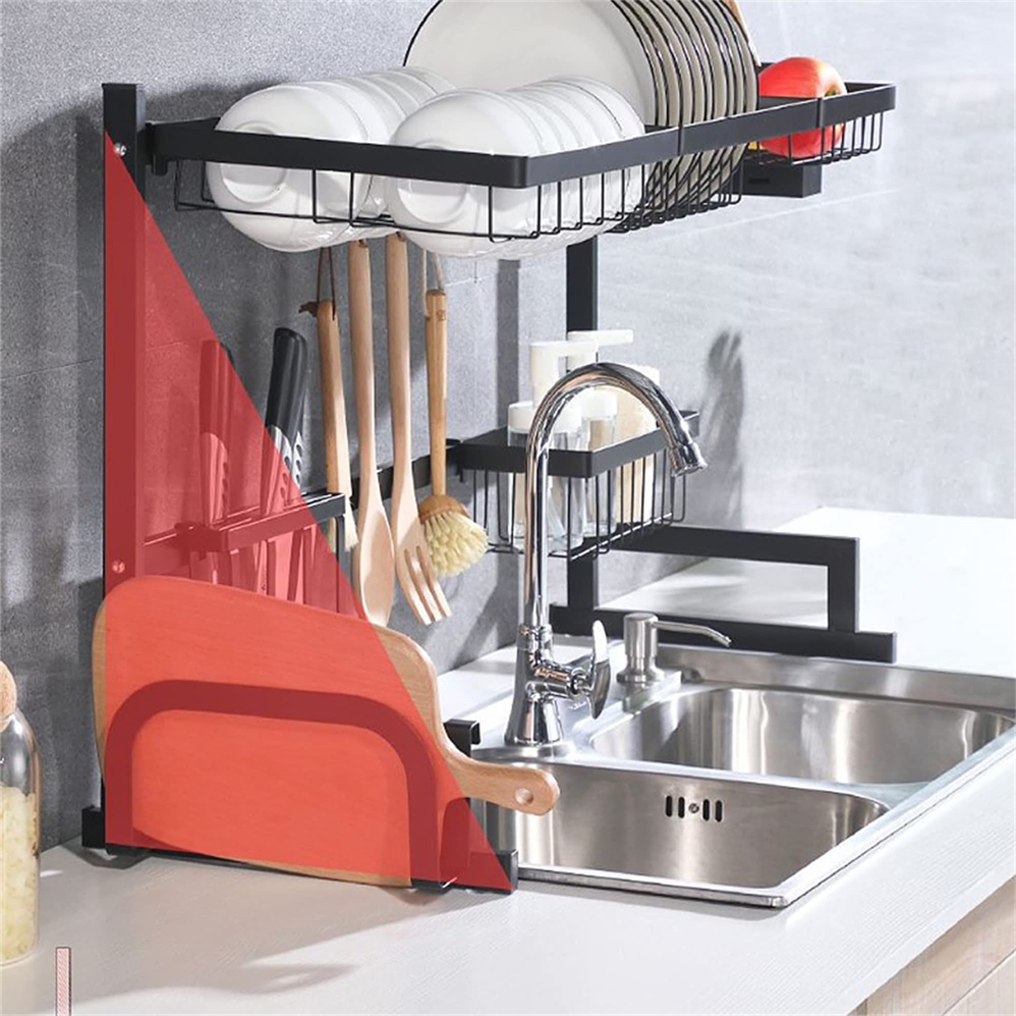 MINGYI Abtropfgestell für Spülbecken, mit 4 Körben, Baguette-Käfig und Messerhalter, multifunktionaler Küchenorganisator, rostfreier Geschirrtrockner (Schwarz I)