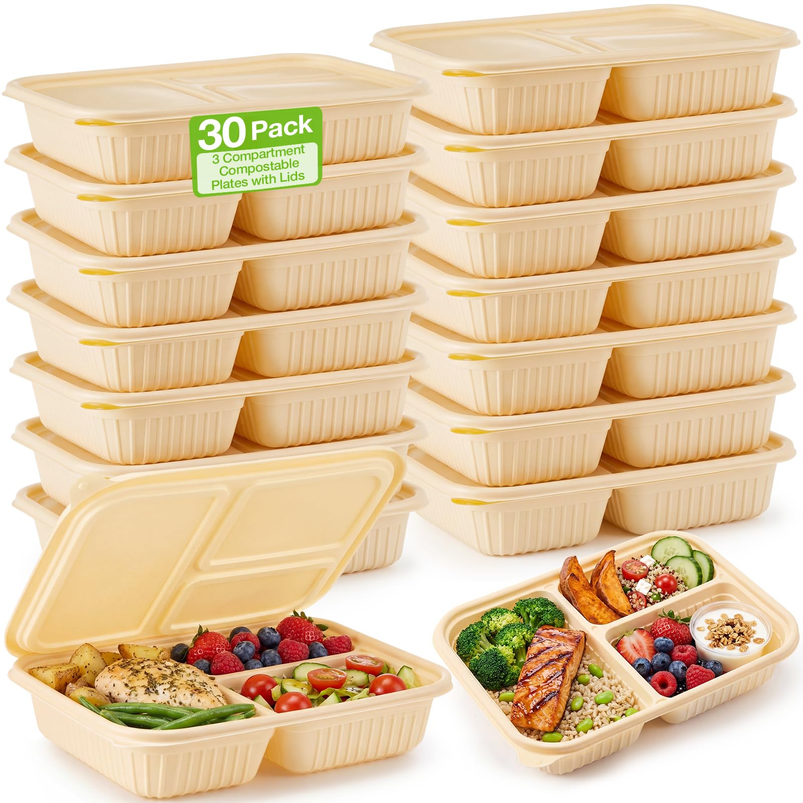 Havawish 30 Pack(60 Pcs) 3 Compartments Compostable Plates with Lids