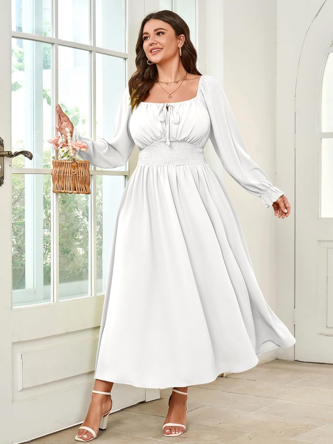 Women's Plus Size Dress Long Sleeve Smocked Dress Square Neck Tie Front Split A-Line Maxi Long Dresses - Image 6