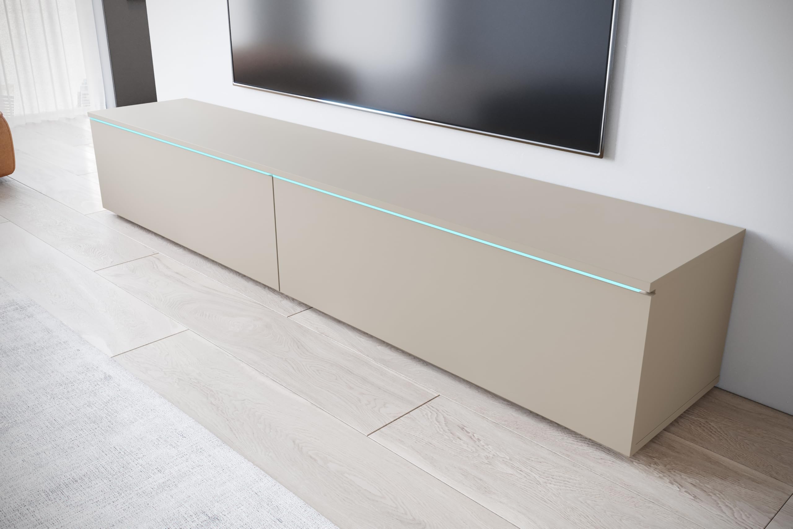 MINIO go for it - Meuble TV Donna Largeur 180 cm Lowboard sans LED | Debout ou suspendu, meuble TV pour le salon, panneau stratifié, couleur : beige cachemire