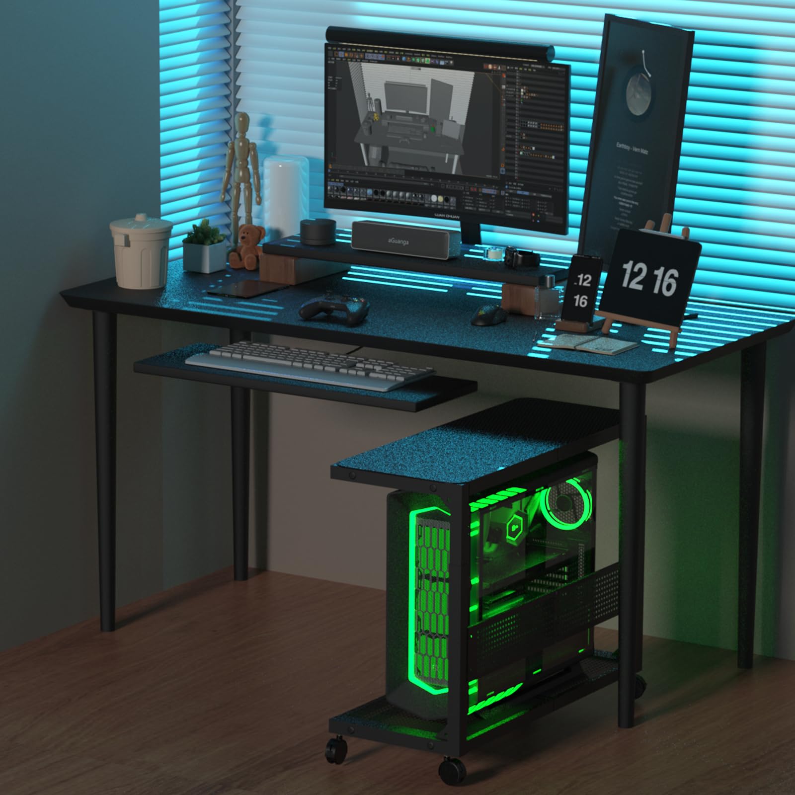 Moricher Supporto a torre per computer, regolabile in altezza, a 2 livelli, ATX, supporto per stampante da pavimento, con ruote girevoli e tappetino per mouse, accessori da gioco per casa e ufficio