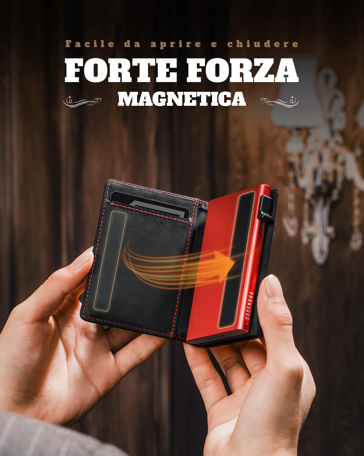 DODENSHA MagSnap Portafoglio da uomo sottile con scomparto per monete, portafogli da uomo per 10 carte di credito, chiusura magnetica, portamonete, protezione RFID (Nero/Rosso)