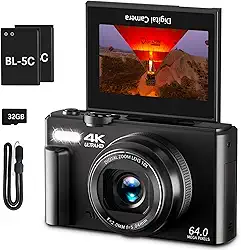 Câmera digital 4K para fotografia, câmera vlogging de 64 MP para YouTube com tela flip de 3 polegadas de 180°, câmera de ponto de zoom digital de 18 x com cartão micro SD de 32 GB para iniciantes