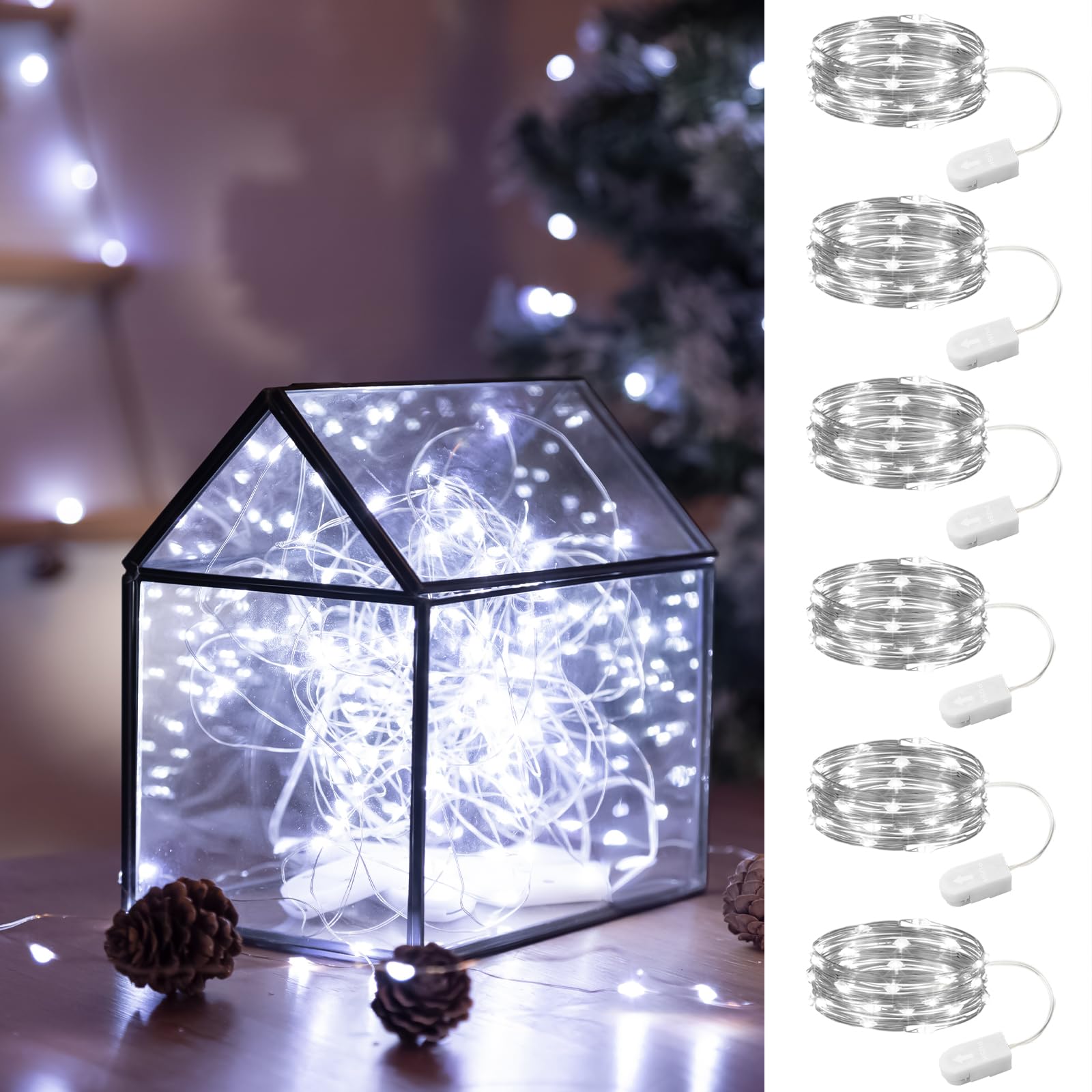 HXWEIYE 6 Pack White Fairy Lights Battery Operated, 7ft 20LED Mini Fairy Mason Jar String Light, Waterproof Firefly Starry Lights for DIY Wedding