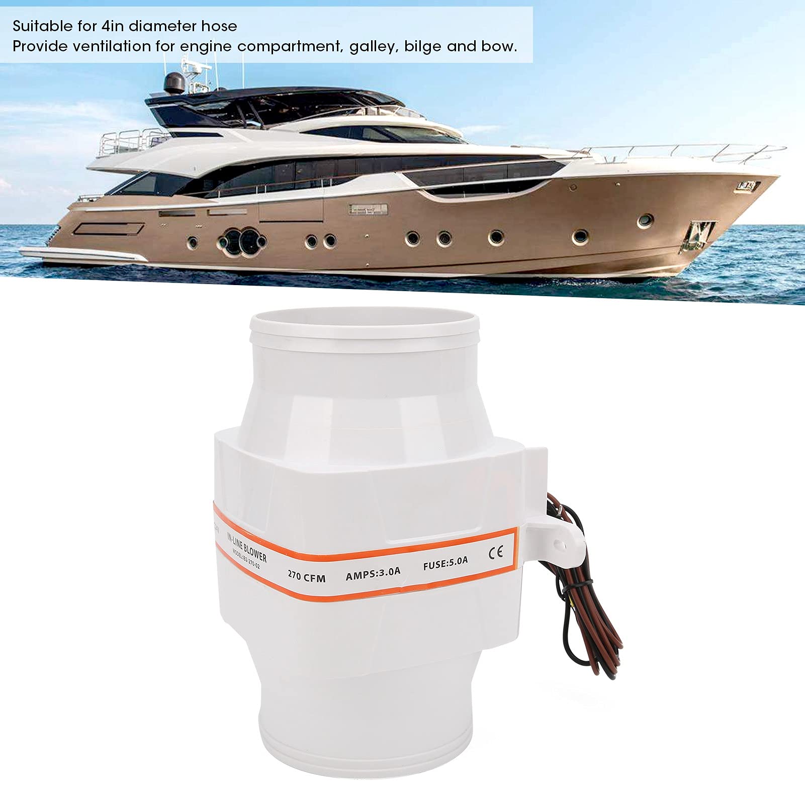 Soplador de Aire de Sentina, Soplador de Aire de Barco de 24 V, Ventilador de 6 Aspas, Blanco, 4 Pulgadas, 270 CFM para para Sentina para Compartimento de Motor para Cocina