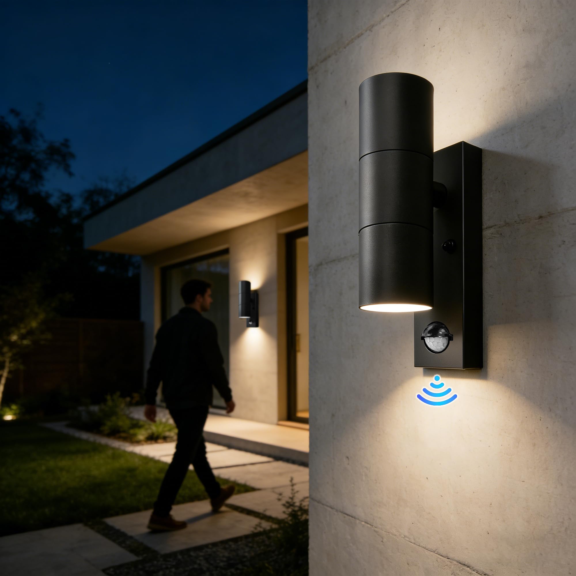 PIR Außenlampe mit Bewegungsmelder Up and Down 230V GU10 | Edelstahl Wandlampe Aussen mit 4×5W GU10 Glühbirne(3000 K),IP54 Wasserdichte LED Aussenleuchten Hauswand,2Stück-Schwarz