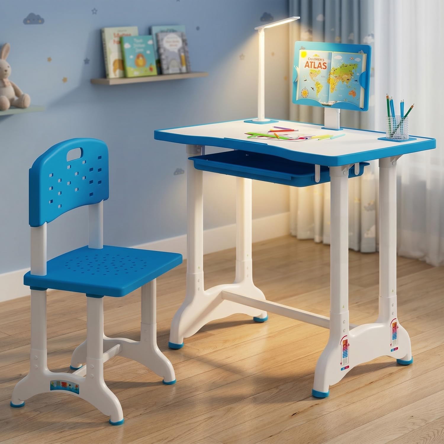 StarAndDaisy Study Table for Kids 3-12years Boys Girls/Kids Study Table with Hight Adjustable Table & Chair, Book Storage, Book Holder & Cup Holder (Blue (with LED LAMP)-image-34