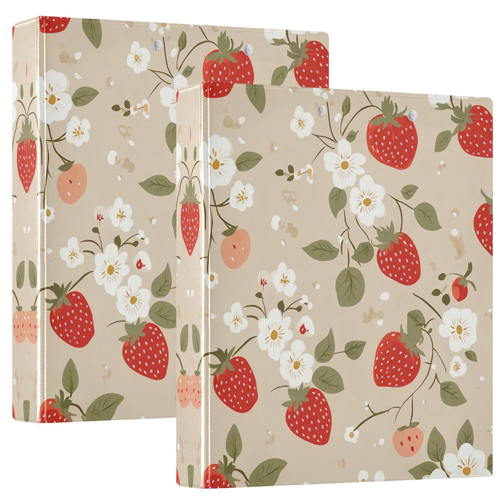 Raccoglitori ad anelli con 3 anelli, 3,8 cm, fragole e fiori bianchi, decorativi, rotondi, con clip in metallo, organizer per casa e ufficio, confezione da 2