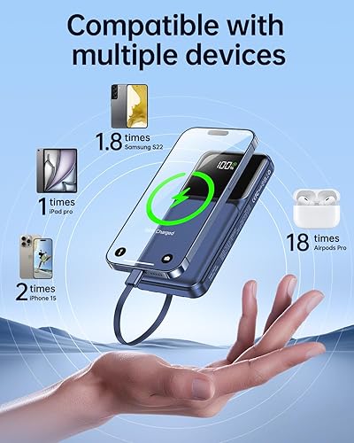 Miniatura 3 de Cargador portátil con cable incorporado 10000 mAh USB C Power Bank Carga rápida Paquete de batería esencial de viaje para iPhone, Samsung, Android,