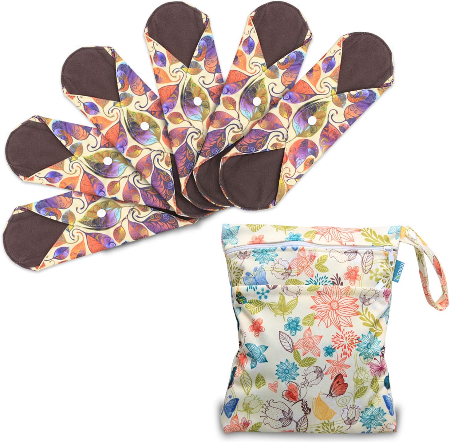 Teamoy6Pcs 10 Inches Sanitary pad, Reusable Washable Cloth Menstrual Pads/Panty Liners with Wet Bag, Super-Absorbent, Soft and Comfortable, Perfect for General Flow(Medium, Leaves)
