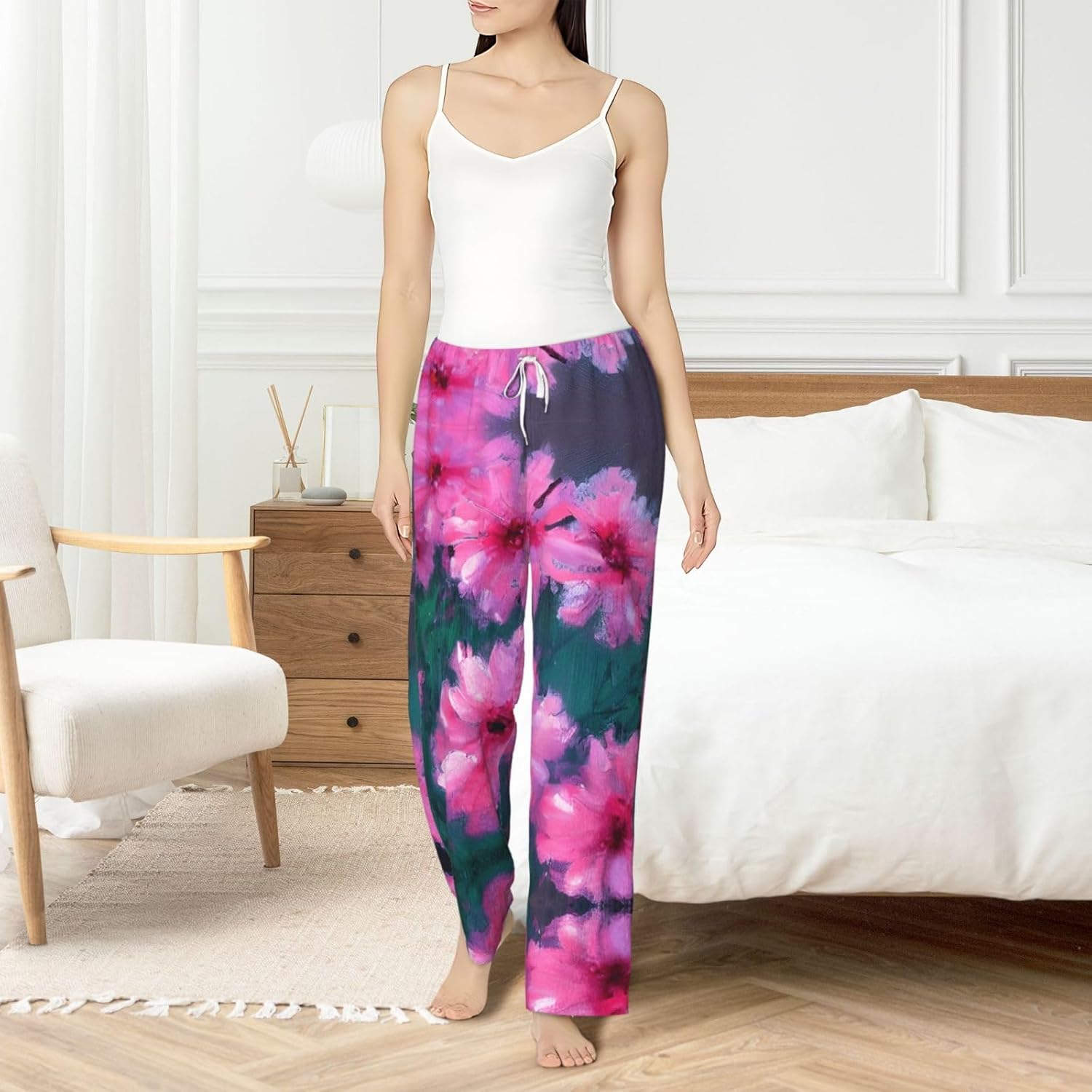 Red Flowers Print Cozy Christmas Pajama Pants,Flannel Pajama Bottoms,Cater To Various Body Types