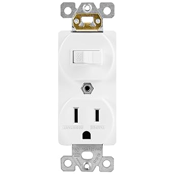 Combination Single Pole Toggle Switch 15A/120VAC and Tamper-Resistant Receptacle 15A/125VAC, Residential Grade, UL Listed, 62150-TR-W, White
