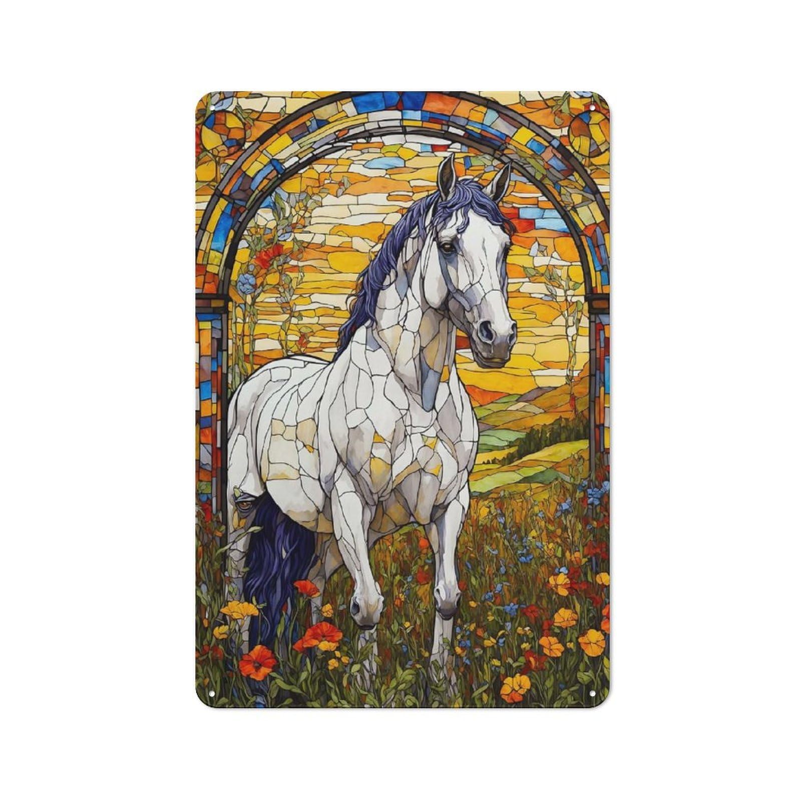 Junmoney White Horse Vintage Tin Sign 30X20cm For Hobby Room Or Studio, A New Home Present For Creative Interior Collectors