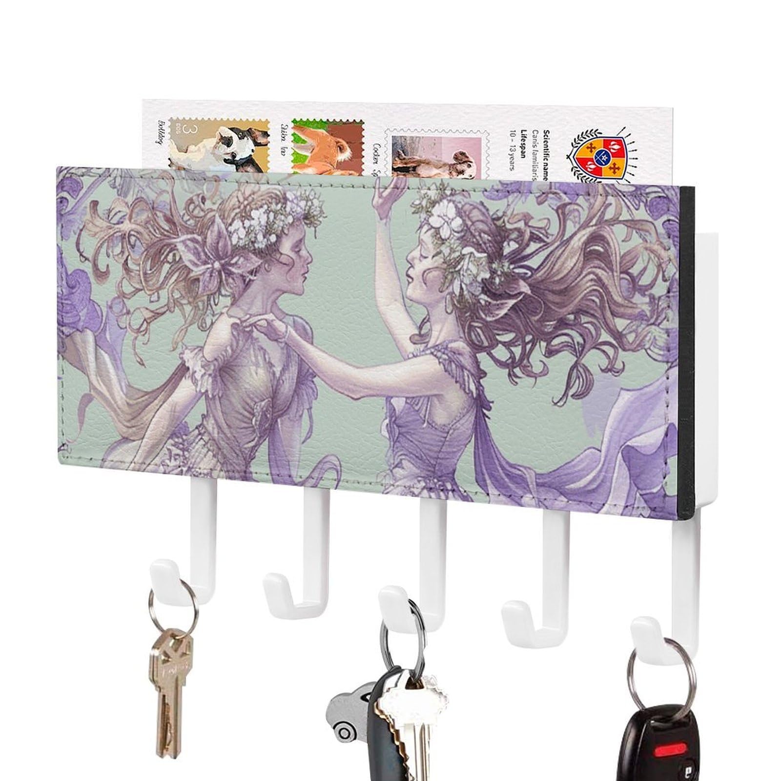 Porte-clés mural poétique Two Fairies Dancing en simili cuir blanc