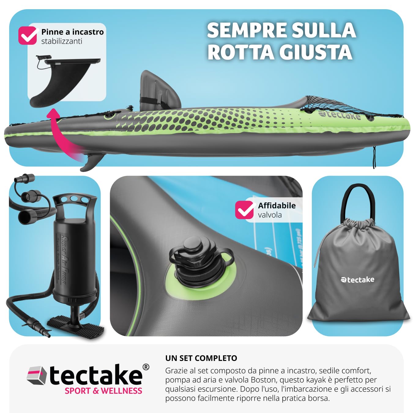 tectake® Kayak Gonfiabile Singolo con Sedile Removibile, Set con Borsa da Trasporto, 2 Pinne Inseribili, Pagaia Doppia, 3 Camere D'Aria, 3 Valvole Boston, Pompa a Doppio Effetto - Verde