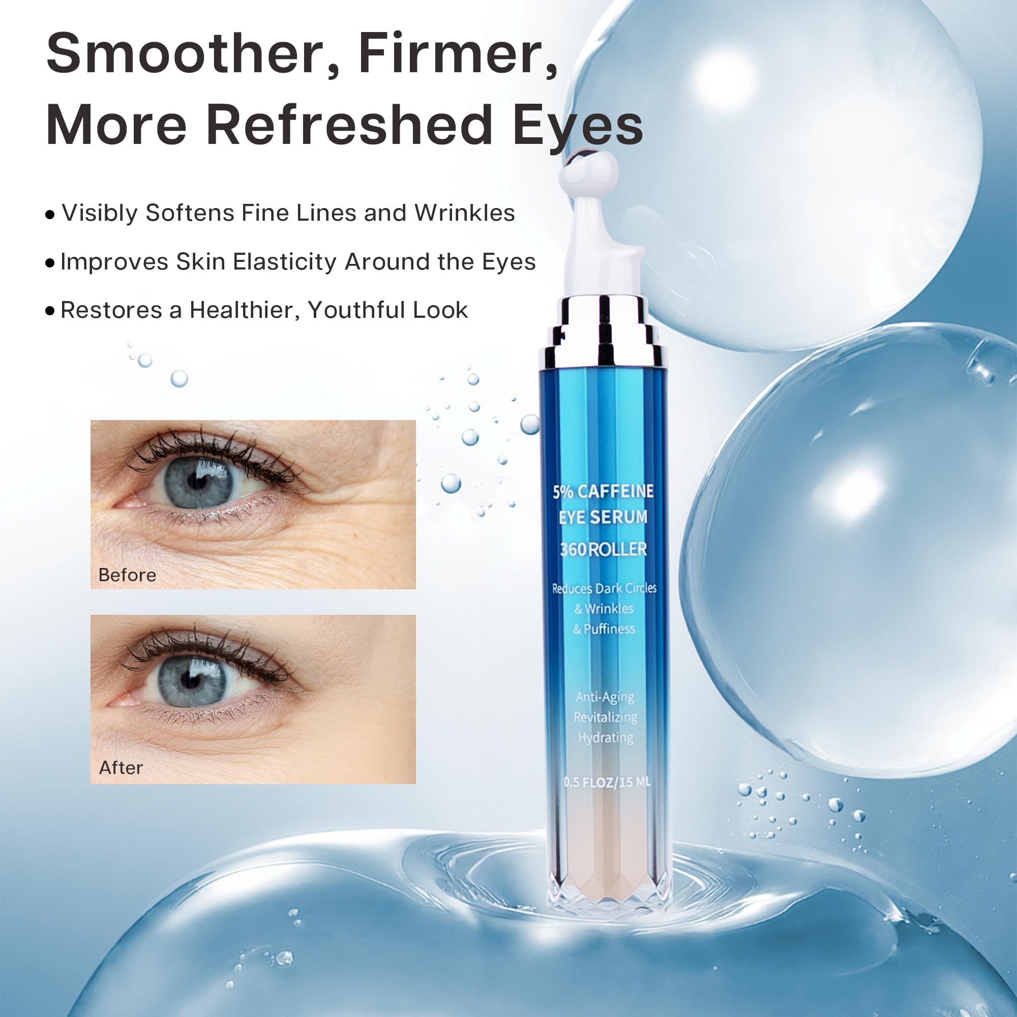 VRAIKO Eye Serum for Dark Circles and Puffiness 5% Caffeine 8% Retinol Under Eye Cream with Build-In 3D Roller Applicator - Image 4