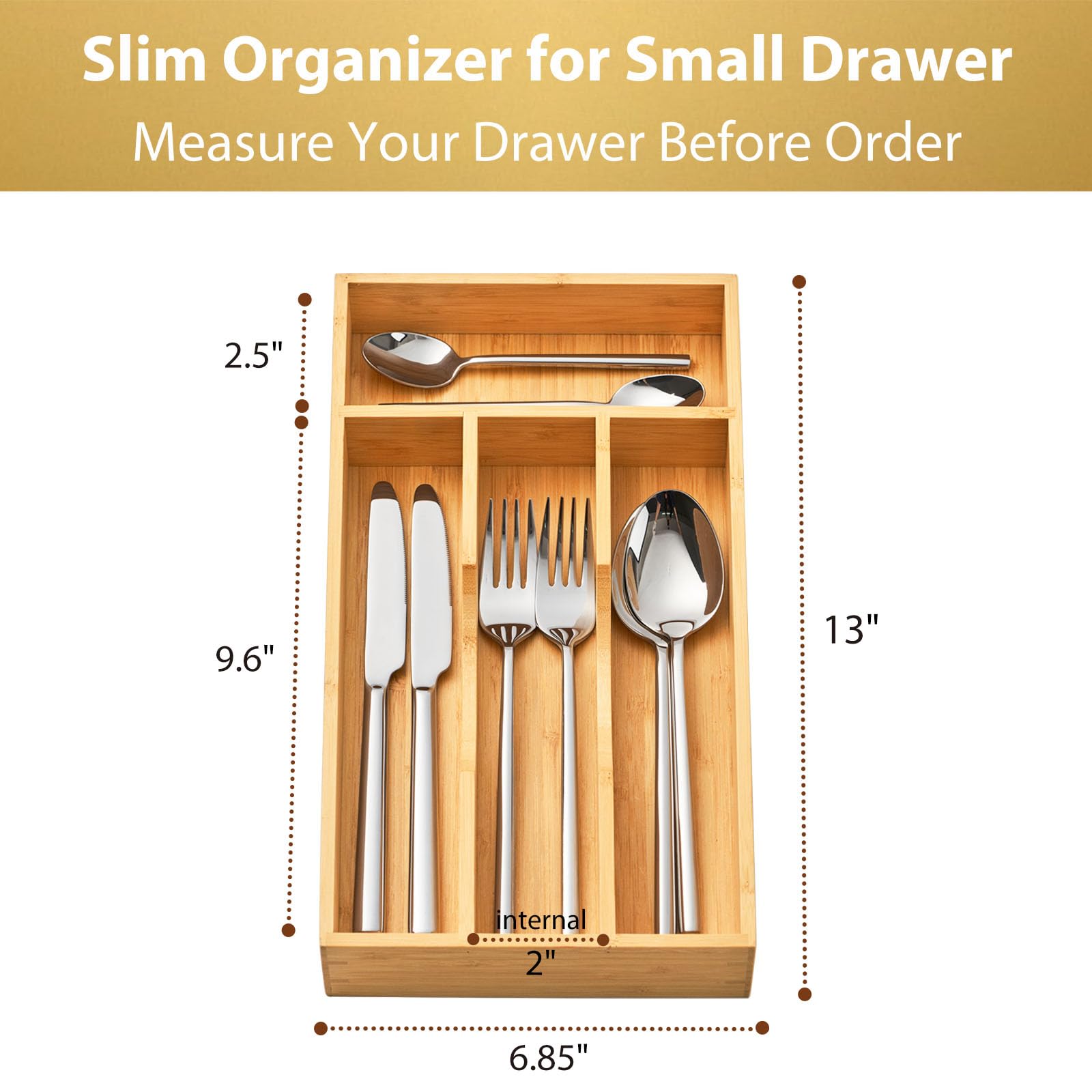 Umilife Organizer per cassetti da cucina in bambù, 17,8 cm, vassoio per utensili per piccoli cassetti, contenitore in legno per posate, posate e coltelli