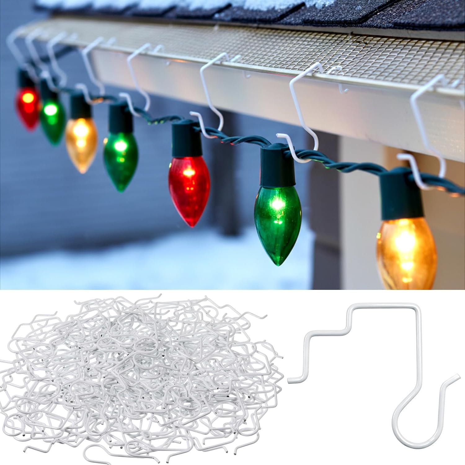 Duraaamo 100 Pcs Gutter Hooks Clips for Christmas Outdoor Lights Hanging Gutter Guards Stainless Steel Light Hooks Clips for Outdoor Halloween Christmas Mesh Leaf Filter Eaves Fences (White) White 100