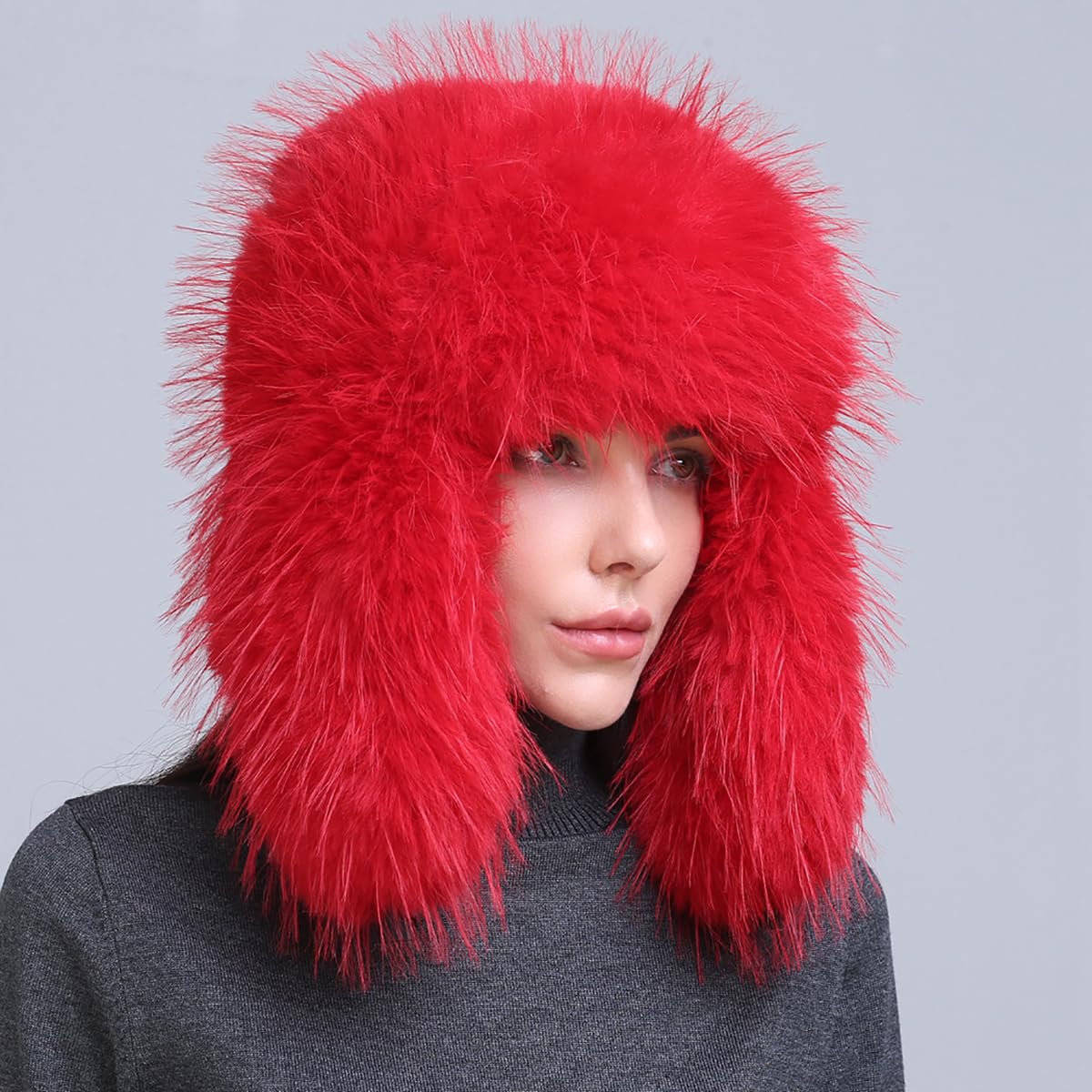Faux Fur Hat Winter Women Furry Fluffy Snow Cap Windproof Hat Fashion Thick Warm Earmuffs Coldproof Caps Ear Protection Hat (US, Numeric, 5 7/8, 6, Red)