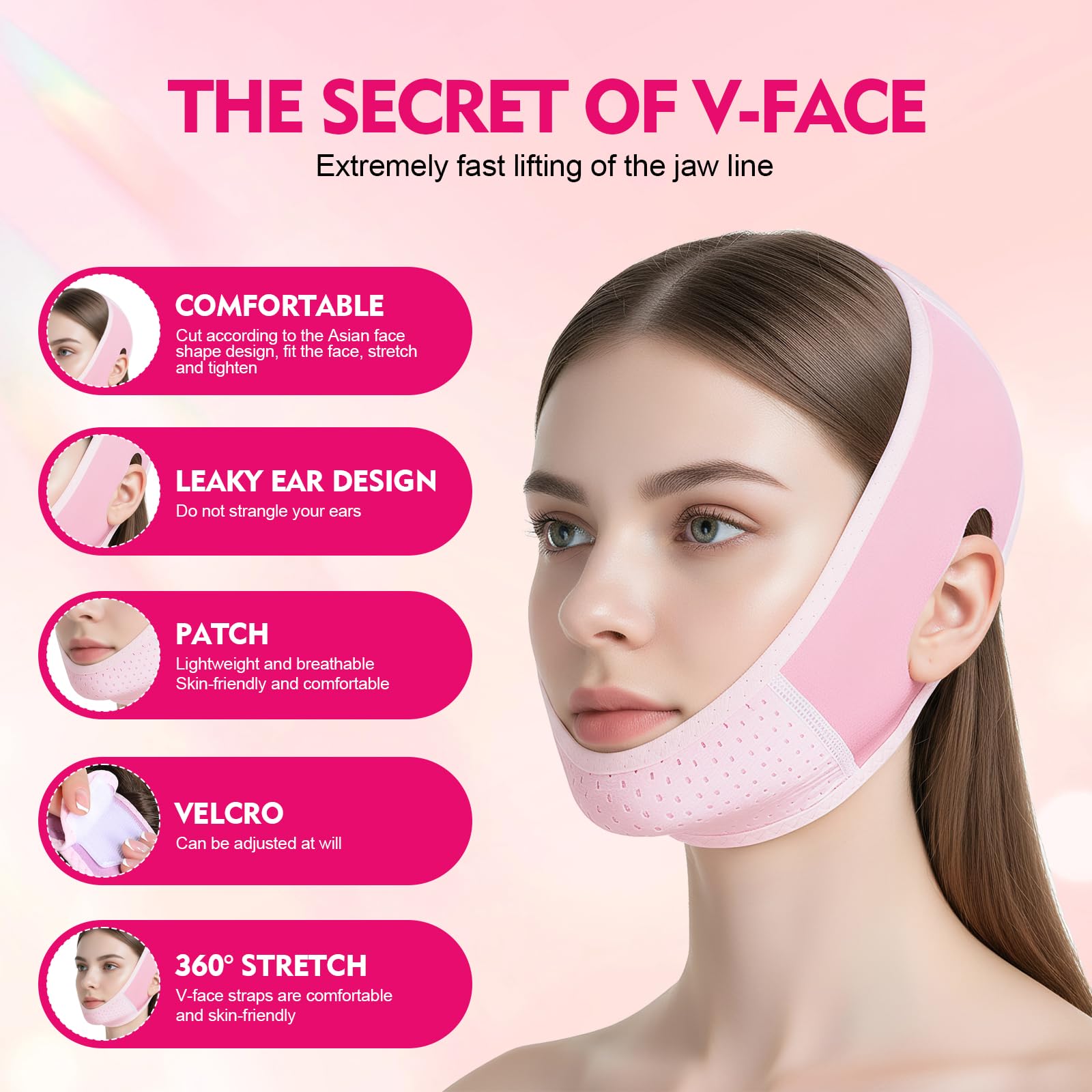 Mascarilla V Facial Reutilizable,Reductor de Papada Lifting,Banda Reafirmante Facial Transpirable para Afinar el Rostro,Cinturón Lifting para Mandíbula y Mejillas Caídas,Pink