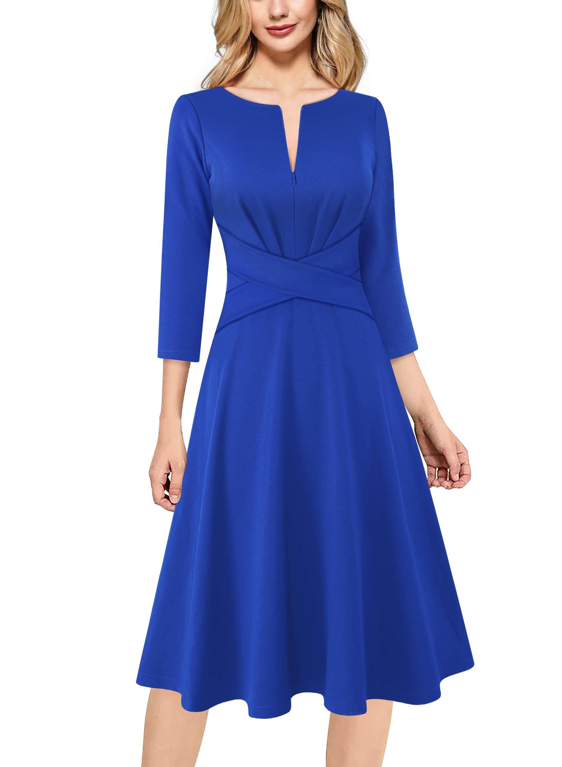 VFSHOW Womens Front Zipper Office Business Work Church Professional Front Zipper Knee Length A Line Fit and Flare