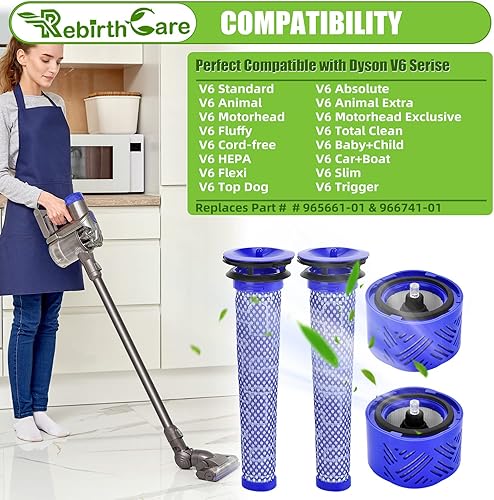 Miniatura 7 de Filtro para Dyson V6 V7 V8 Animal Absolute Motorhead inalámbrico Stick Aspiradora, 2 filtros de postes, 2 filtros pre Hepa reemplazo