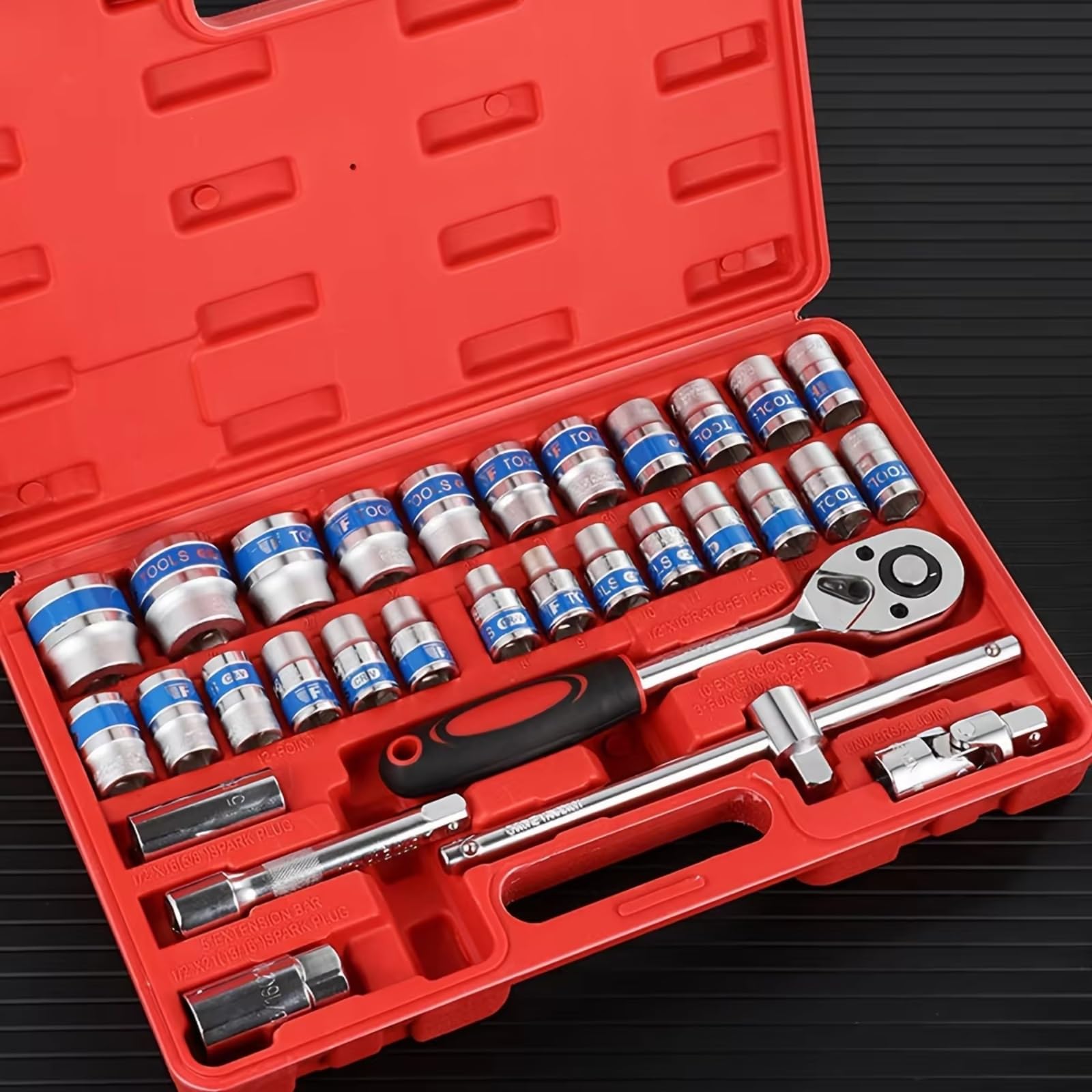 Cassetta Attrezzi Completa Set Di Attrezzi Meccanici Da 32 Pezzi E Set Di Bussole Da 1/2" Bussole Profonde E Standard Set Di Chiavi A Cricchetto Kit Di Attrezzi Meccanici