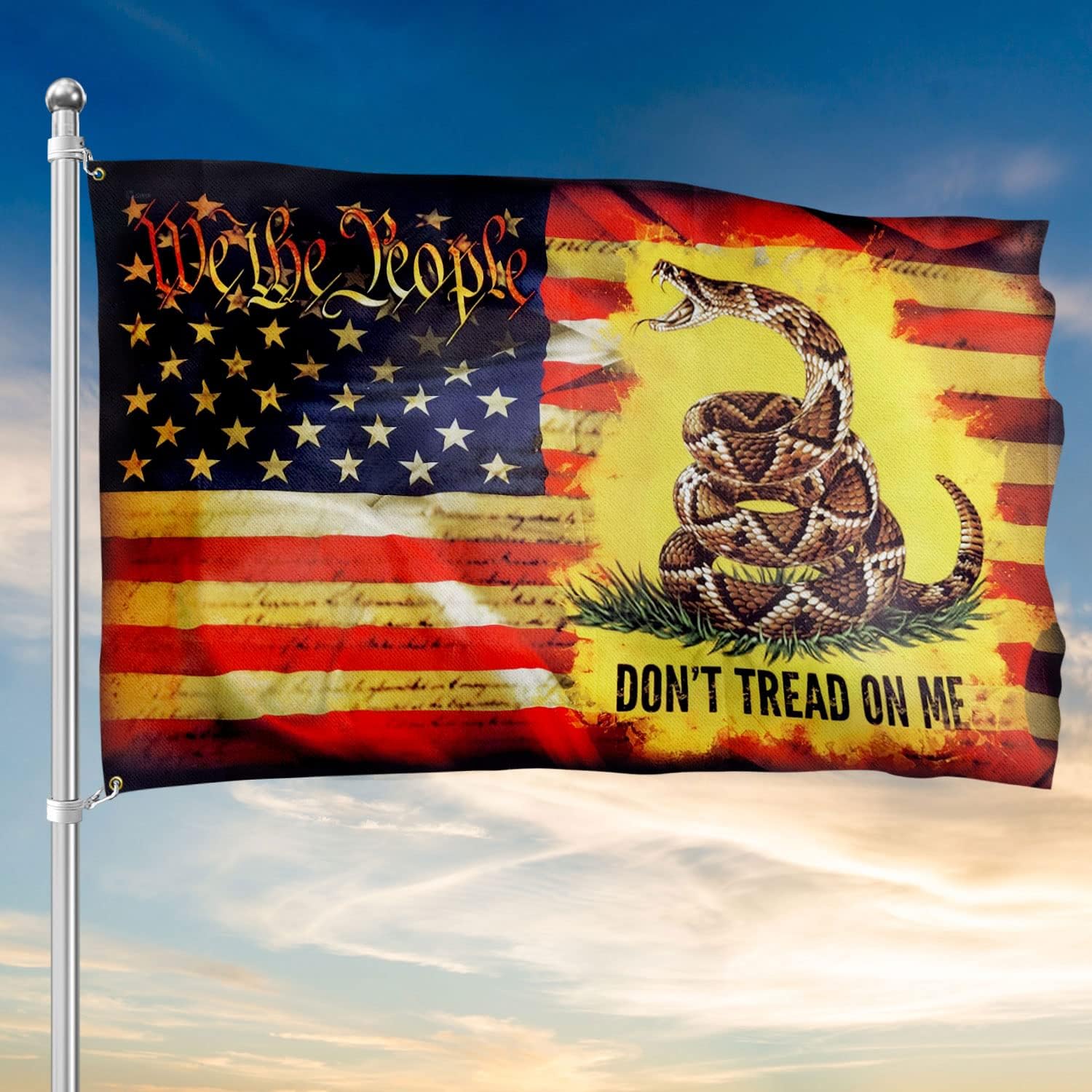 Flagwix American Patriotic Gadsden Flag - 5x8 ft Outdoor Decor - Heavy Duty Double Sided Canvas Fabric, We The People - July 4 Don't Tread On Me Art Decoration for Wall, Porch, Yard