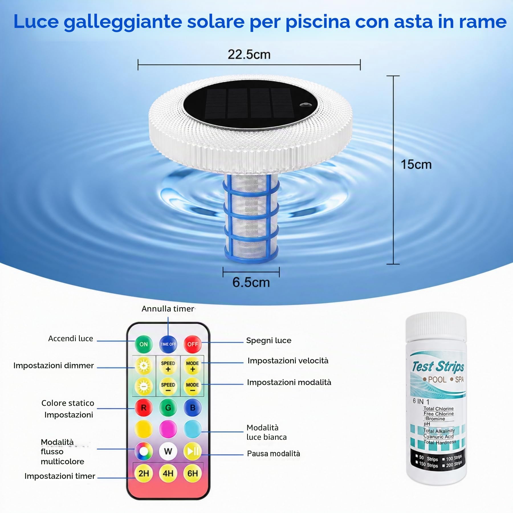 sylvwin Ionizzatore solare per piscina con anodi di rame, purificatore d'acqua galleggiante con anodo di rame per piscine, illuminazione solare per piscine, luci solari RGB, purificatore d'acqua per