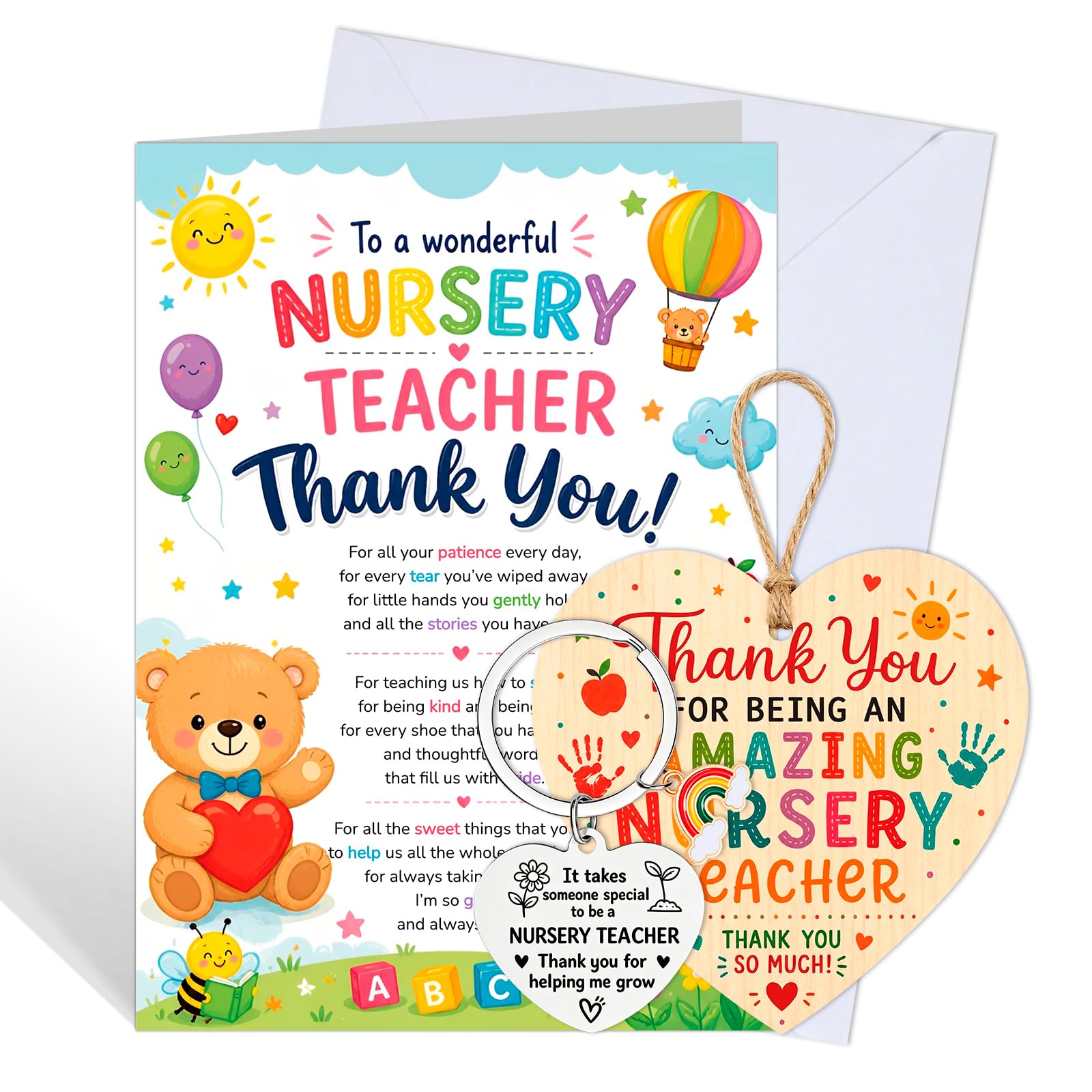Nursery Teacher Gifts Set – Wooden Heart Plaque, Greeting Card, Envelope & Keychain – Meaningful Teacher Gifts For Women, Perfect Nursery Teacher Thank You Gifts, Nursery Leaving Gifts