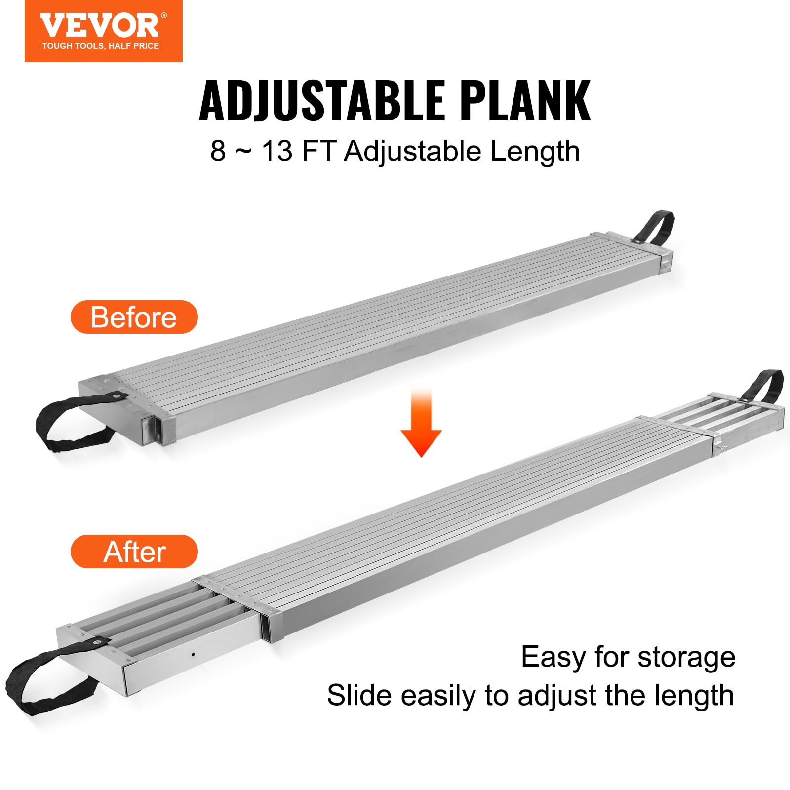 VEVOR Tablón de Trabajo Telescópico de Aluminio, 2300 x 325 x 85 mm de Capacidad de 227 kg, Tablón de Extensión con Plataforma Antideslizante Accesorio de Escalera de Andamio, Aleación de Aluminio