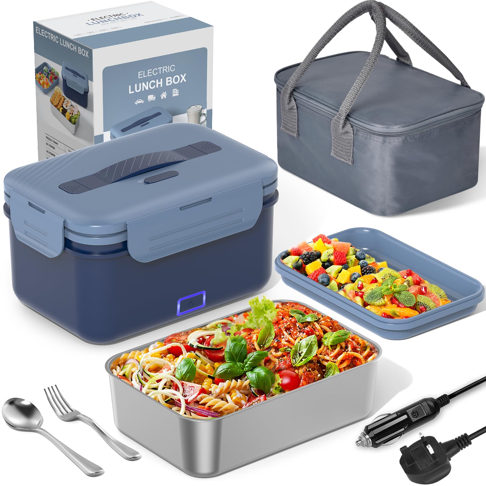 Monteka Electric Lunch Box for Adults, 100W Heated Lunch Box with Spoon, Fork and Insulated Lunch Bag, 1.8L Large 304 SS Container, 12V/24V/230V Electric Lunchbox for Car Truck Home, Gifts for Lover
