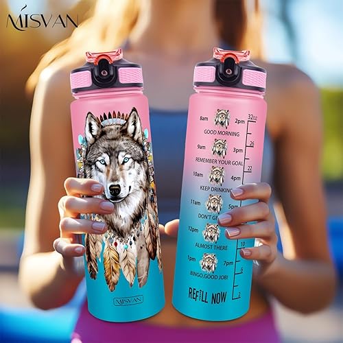 Miniatura 7 de Botella de agua de lobo de 32 onzas con marcador de tiempo, apertura de un clic, boca ancha, sin BPA, rastreador motivacional (negro)
