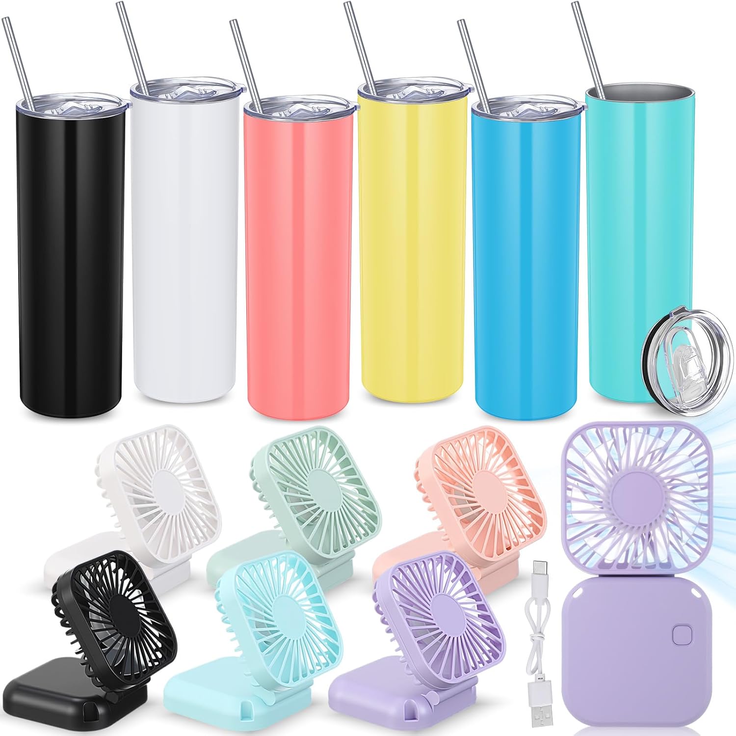 Geiserailie Pool Party Favors Gifts Include 6 Stainless Steel Wine Tumbler Glasses with Lid and 6 Personal Necklace Fans Insulated Coffee Cup Mug Mini Handheld Fan for Pool Outdoor(20 oz Tumbler)