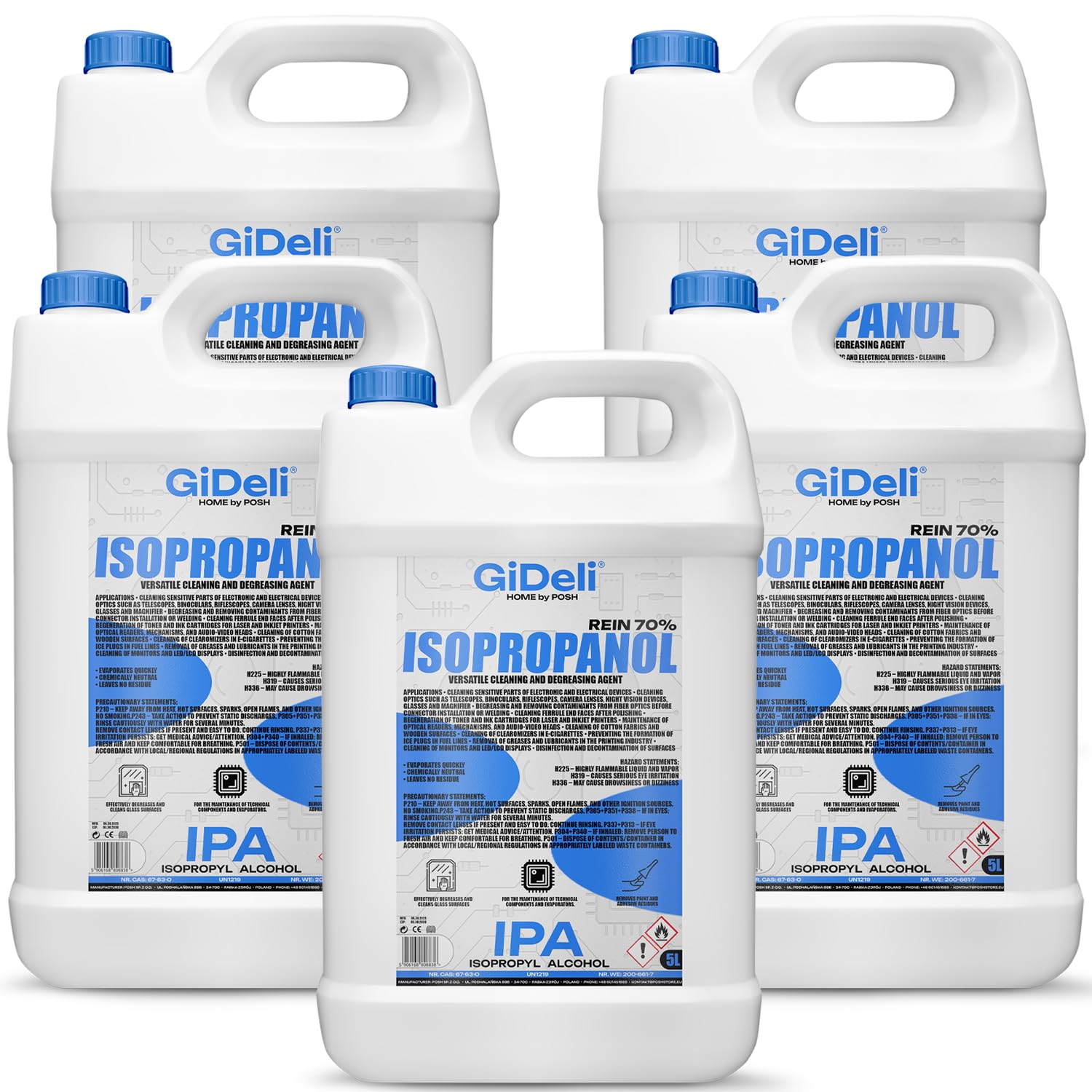GiDeli Isopropanol 70% 5 x 5 litros limpiador alto porcentaje de alcohol isopropílico IPA alcohol limpiador para la limpieza de componentes electrónicos, lentes y pantallas