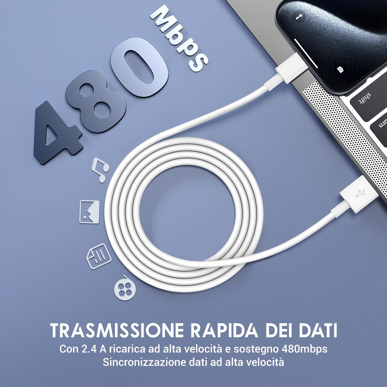 QZIIW Cavo Per iPhone,Originale Apple Certificato MFi,Cavo USB Apple Ricarica Rapida,Cavo Lightning 4 Pezzi 1M+2M,Cavo USB A to USB Lightning per iPhone 14 13 12 11 Pro Max XS XR X 8 7 6 5 SE iPad