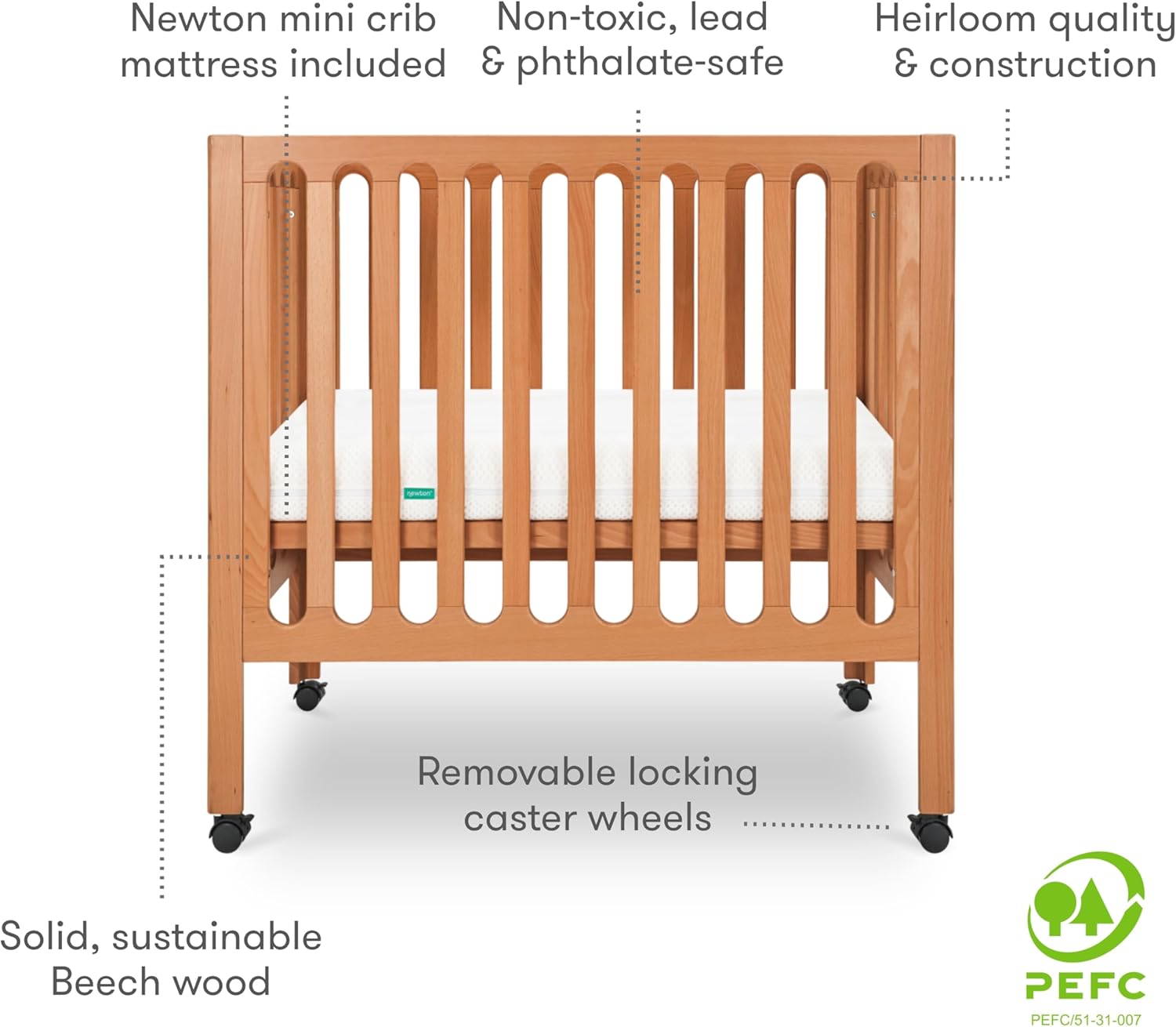 Newton Baby Galileo Mini Crib Solid Beech Wood with Wheels in Chestnut Color, Mini Crib Mattress Included, Adjustable Mattress Height, Ultra-Safe Non-Toxic Finish