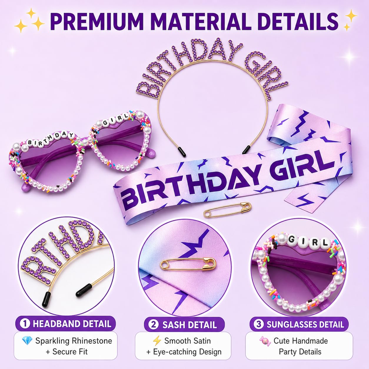 Kit di accessori per compleanno, fascia e accessori per foto per incontri | Fascia viola di compleanno, occhiali da sole e fascia con cuore perlato, accessori per compleanno in stile K