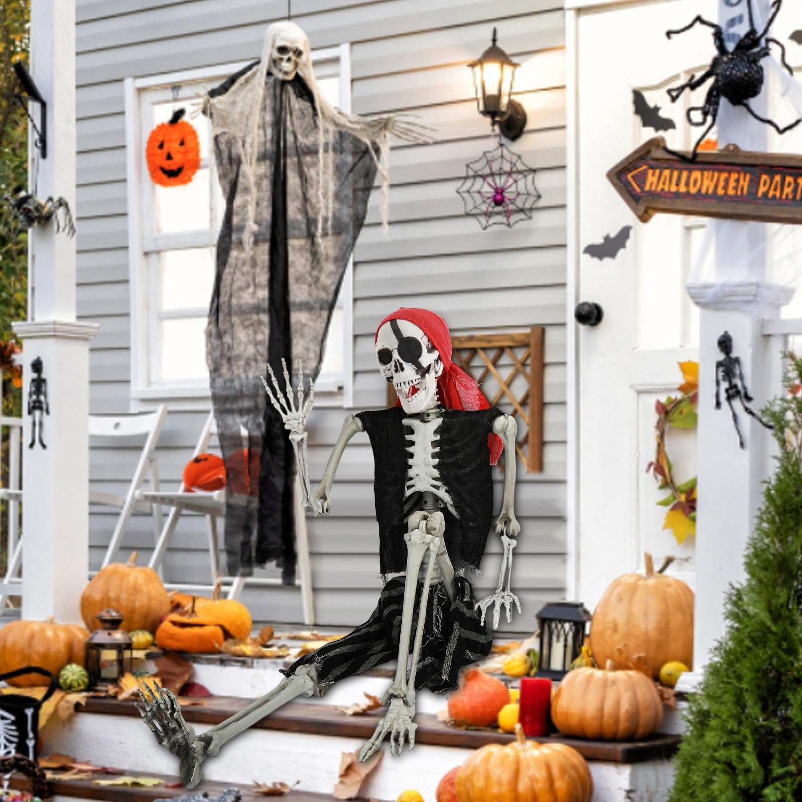 Grebest Szkielet na Halloween, szkielet naturalnej wielkości, możliwy szkielet całego ciała z ruchomymi stawami, strój pirata, wiszący rekwizyt szkieletu do wewnątrz/na zewnątrz nawiedzony dom