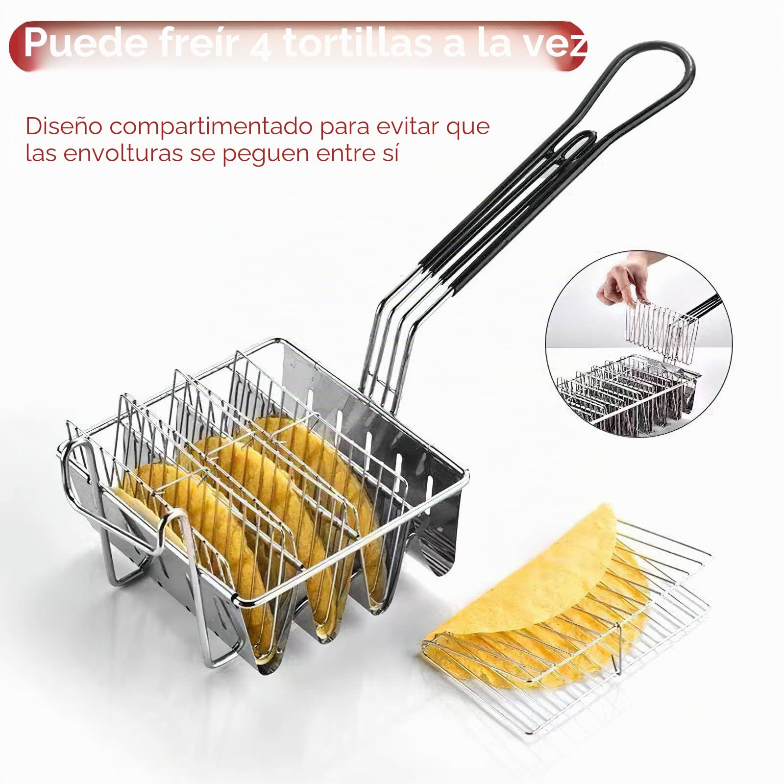 Taco Freidora Cesta de Acero Inoxidable, Soporte para Taco de 4 Tacos con Mango Extraíble | Apto para lavavajillas Taco Schalen Former para tacos perfectos, utensilios de cocina para gastronomía y hogar