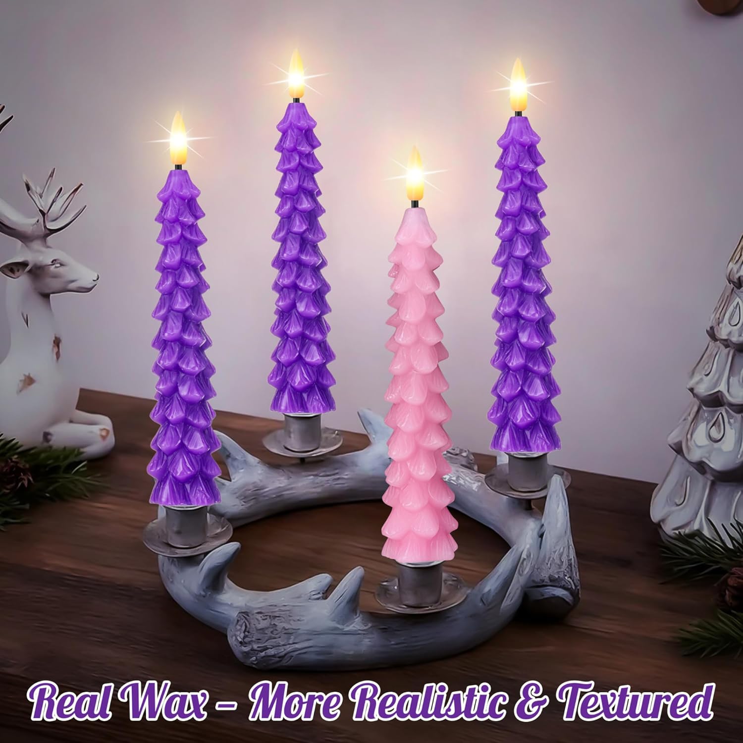 Enhon Flameless Advent Candles Set of 4, 10” Real Wax LED Taper Candles for Advent Wreath, Realistic 3D Flames, Battery Operated, Remote Control, Flickering Candle for Christmas Church Celebration