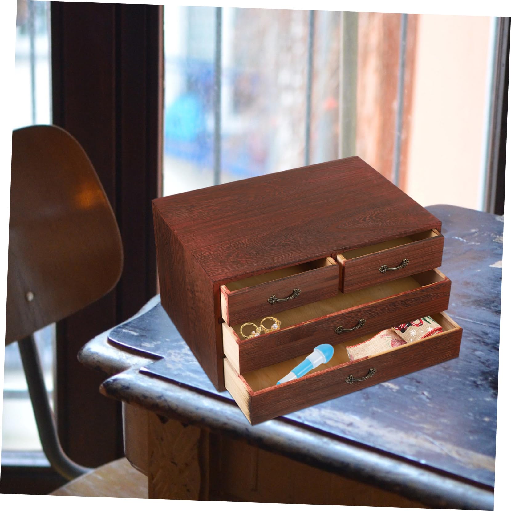 Schreibtisch-Organizer aus Holz mit Schubladen, Vintage-Büro-Aufbewahrungsbox für Make-up, Schmuck und Teetablett