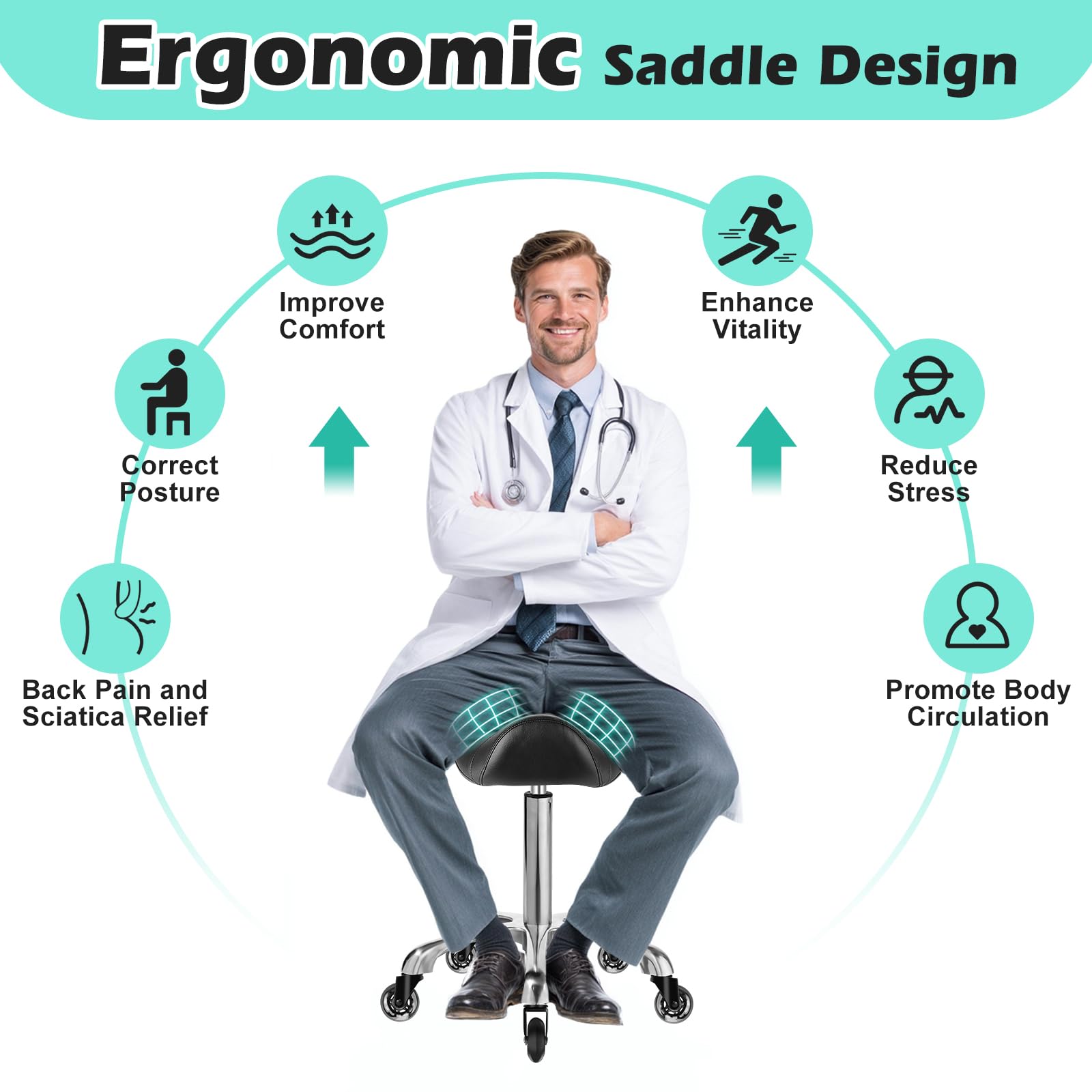 Taburete ergonómico con ruedas – Cojín de asiento de cuero más grueso mejorado, corrección de postura saludable, deslizamiento suave y sedoso, taburete ajustable con ruedas para masaje médico de salón 2